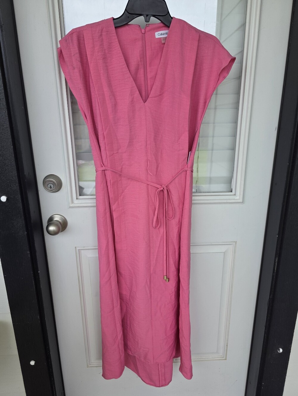 Calvin Klein NWT Pink Midi Dress Size 2 Tie Waist V-Neck Cap Sleeve Summer $129